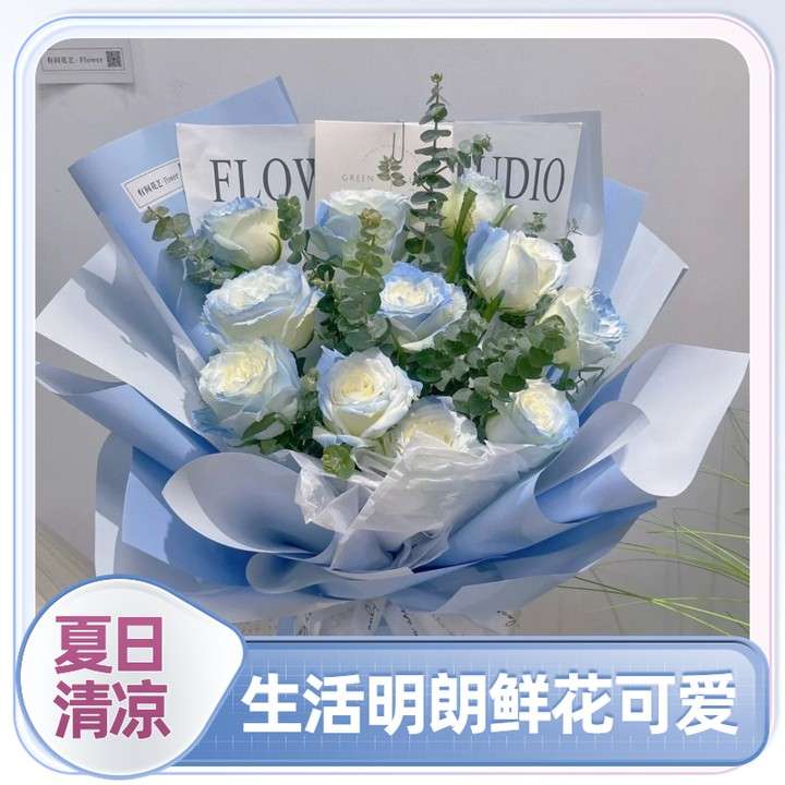 11朵碎冰蓝玫瑰花束喷色玫瑰花店送花上门